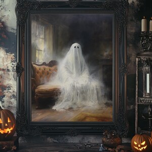 The Ghost Sits On The Sofa, Framed Canvas or Canvas Print, Gothic Victorian Halloween Painting, Cool Halloween Decor image 6
