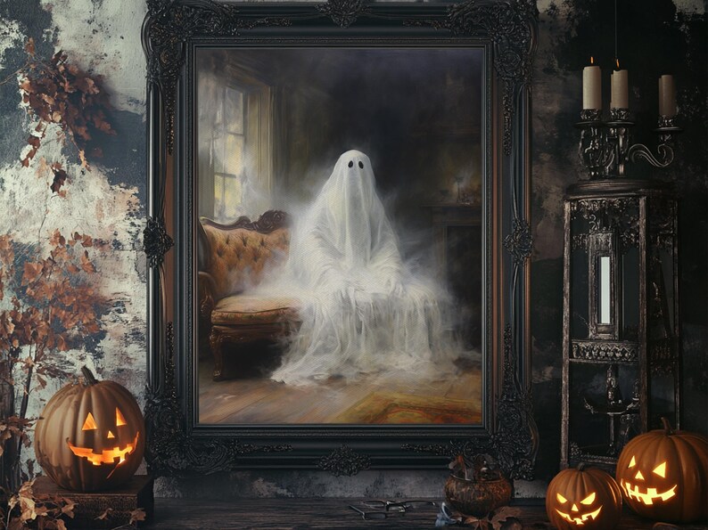 The Ghost Sits On The Sofa, Framed Canvas or Canvas Print, Gothic Victorian Halloween Painting, Cool Halloween Decor image 6
