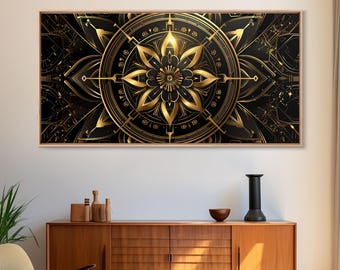 Gold And Black Art Deco Floral Pattern Framed Canvas Print, 1920s Style, Roaring 20s Art, Art Deco Wall Art
