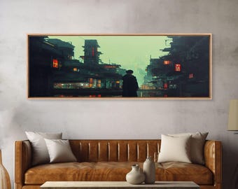 80s style Cyberpunk Japanese City, Retro Punk Tokyo, Framed Canvas Print, Framed Wall Art, Large Panoramic Wall Decor