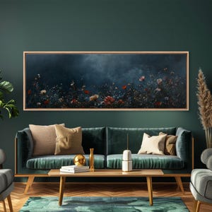 Dark & Moody Wild Flowers At Night, Framed Canvas Print, Panoramic Thought Provoking Wall Art, Above Bed Art, Dark Floral Painting
