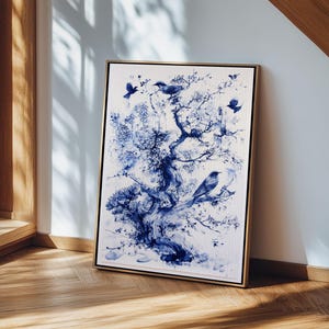Chinoiserie Wall Art Framed Canvas Print, Blue Tree and Birds, Botanical Print, Birdwatcher Gift Idea, Chinoiserie Style Painting