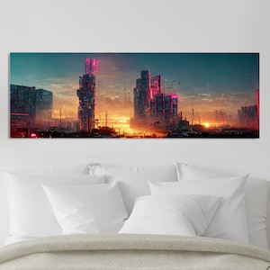Cyberpunk Cityscape Dystopian City Futuristic Sunset Fine Art Print, Wall Art Print, Wall Decor, Wall Poster