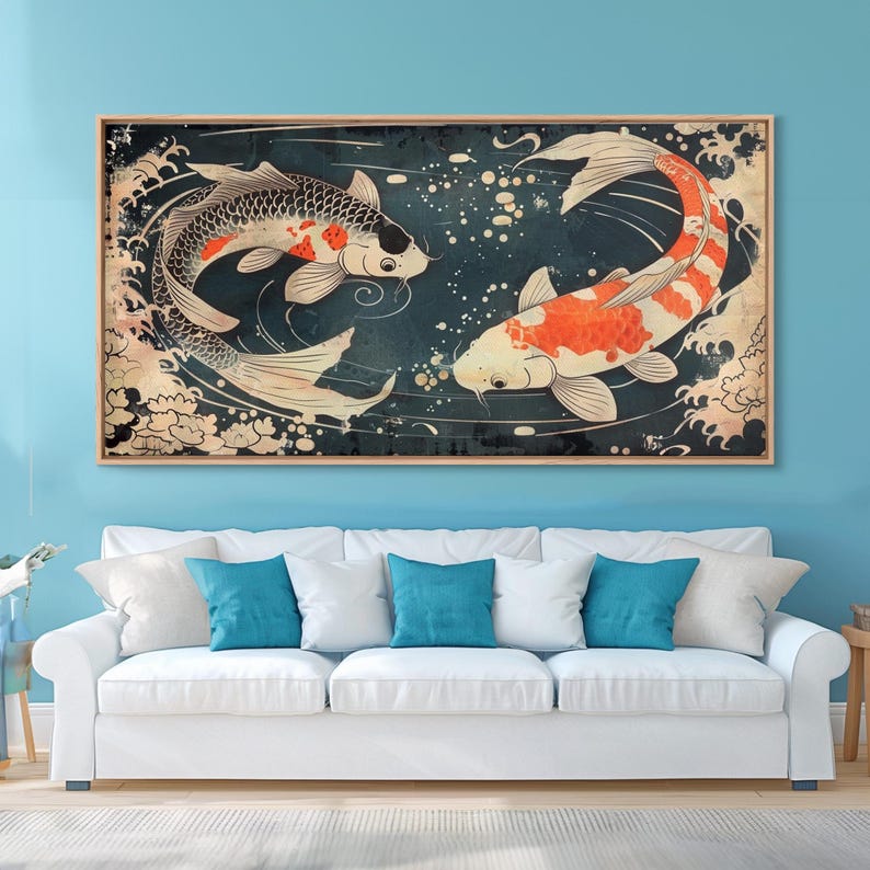 Feng Shui Koi Fish Art, Zen Art, Yin and Yang, Framed Canvas Print, Japanese Style Art, Watercolor Fish Art, Koi Print, Koi Painting image 6