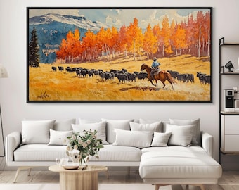 Cowboy Herding Cattle Under Mountains Framed Canvas Print Tall Art Autumn Country Landscape Fall Decor Western Wall Art Farmhouse Gift Idea
