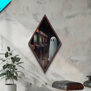 Arcade Ghost Lurking in Shadows Diamond Shaped Art Canvas Embossed Print Halloween Ghostcore Creepy Vaporwave Vibes