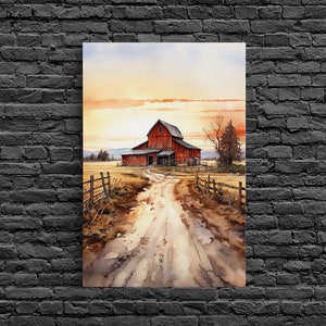 Sunset Over A Red Barn, Watercolor Painting Canvas Print, Country ...