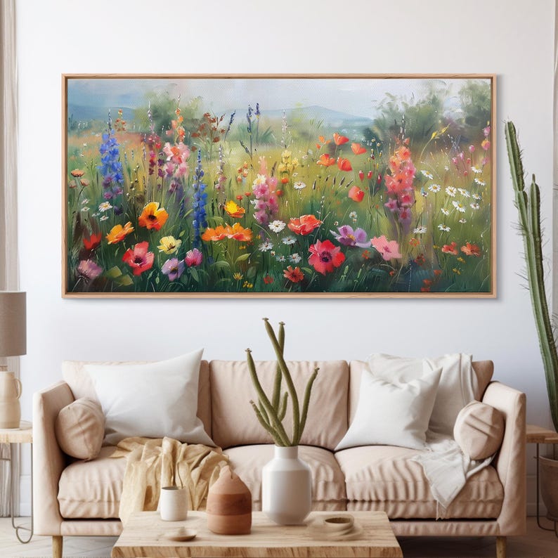 Wildflower Field Oil Painting Landscape Wall Art Print, Nature Framed ...