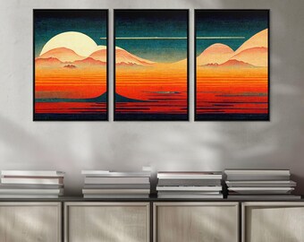 Retro Japanese Style Sunset Art, A Storm Torrent, 3 Piece Wall Art