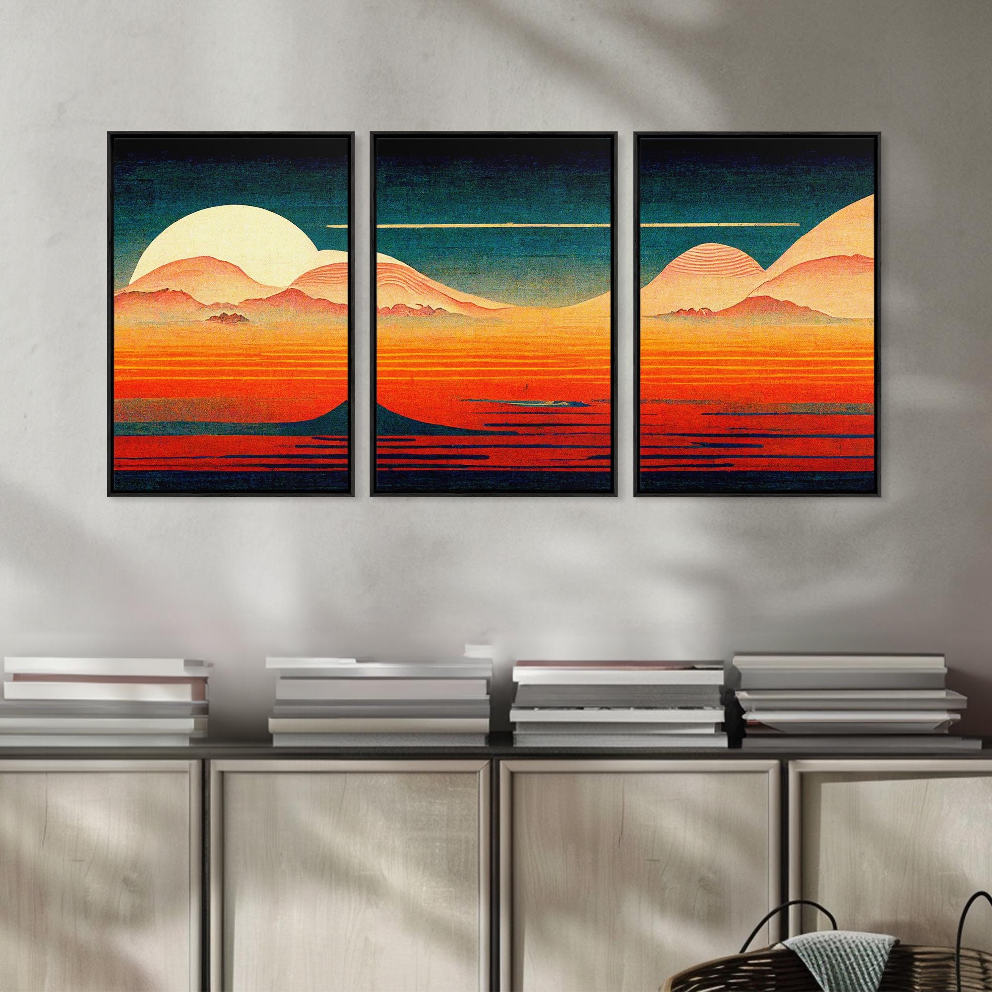 Retro Japanese Style Sunset Art, A Storm Torrent, 3 Piece Wall Art