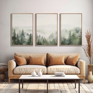 Framed Canvas Wall Art Set of 3 Emerald Green Pine Tree Mountain Range Nature Landscape Prints Minimalist Modern Art Woodland Nursery Decor