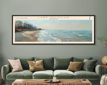 Lake Michigan Framed Canvas Print, Lake House Decor, Panoramic Wall Art, Travel Poster, Beautiful Landscape Painting, Bedroom Decor