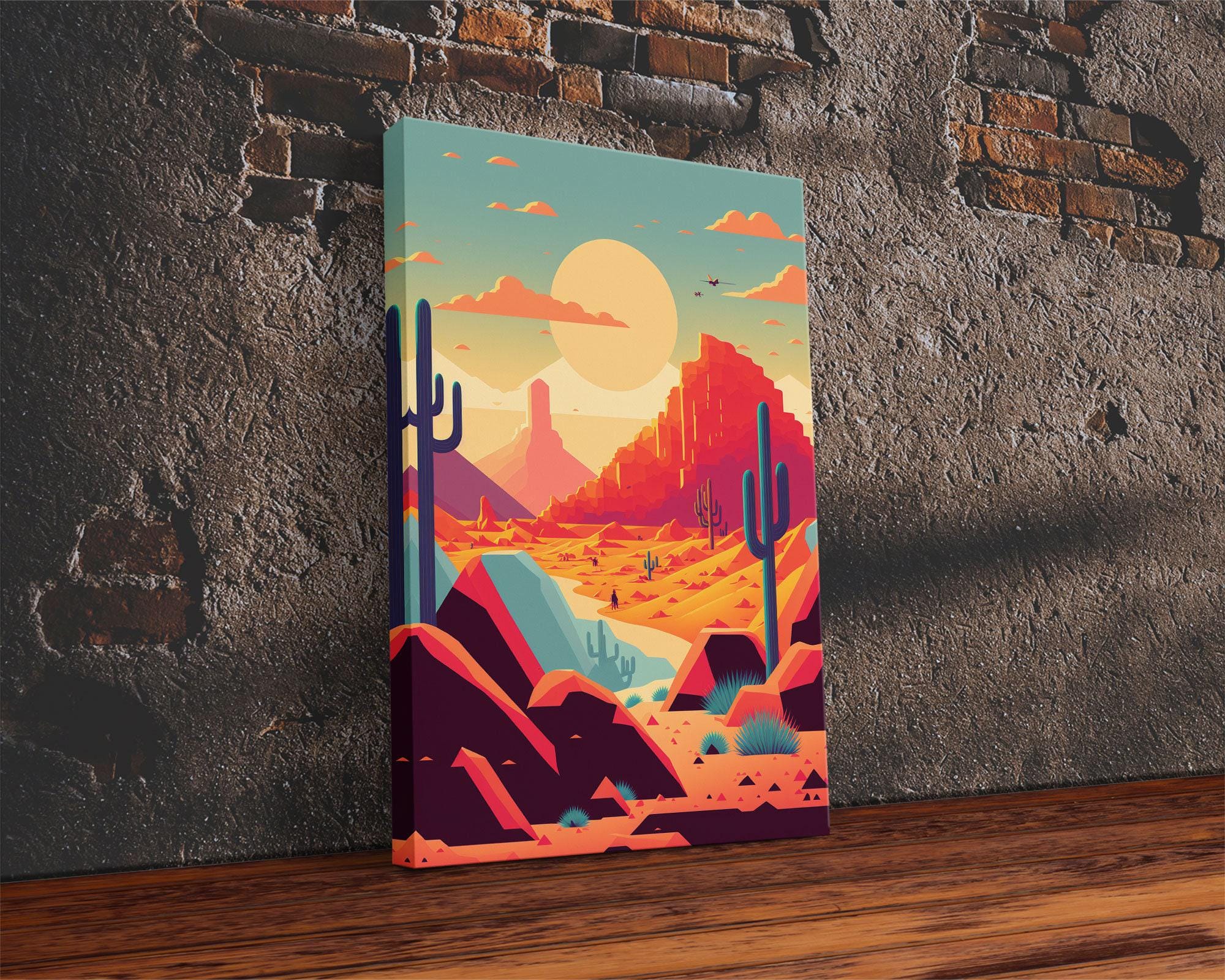 Retro Synthwave Desert Landscape Art, Framed Canvas Print, Unique