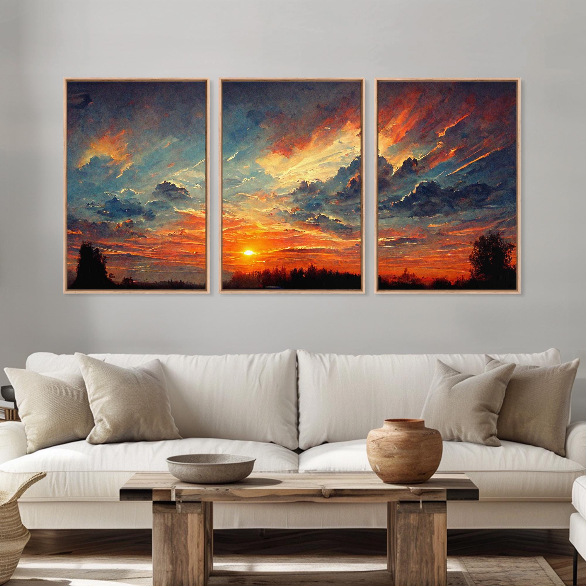 Forest Sunset Wall Decor, Oil Painting Style, 3 Piece Wall Art