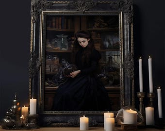 The Alchemical Witch, Witch Making Potions, Alchemy, Framed Canvas, Halloween Canvas Art, Dark Academia, Macabre Oil Painting