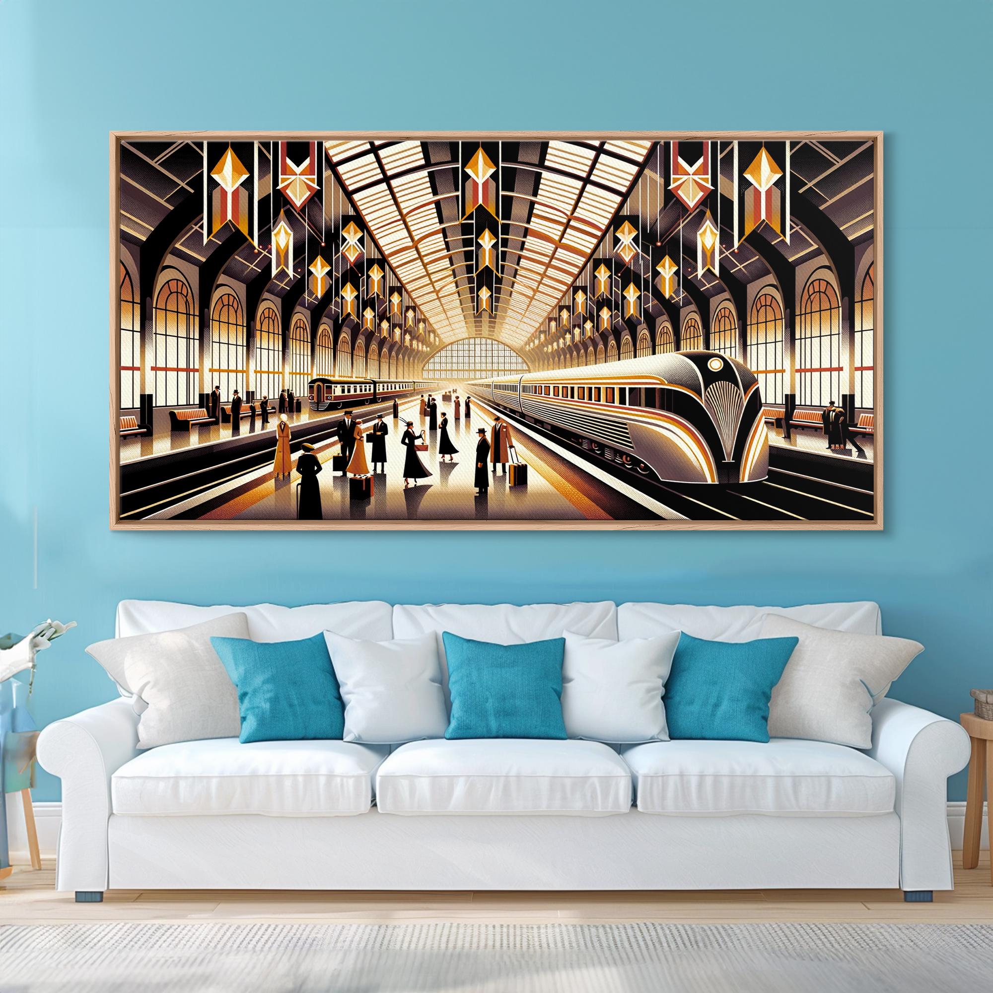 Art Deco Train Station - Retro Decor - Framed Canvas Print