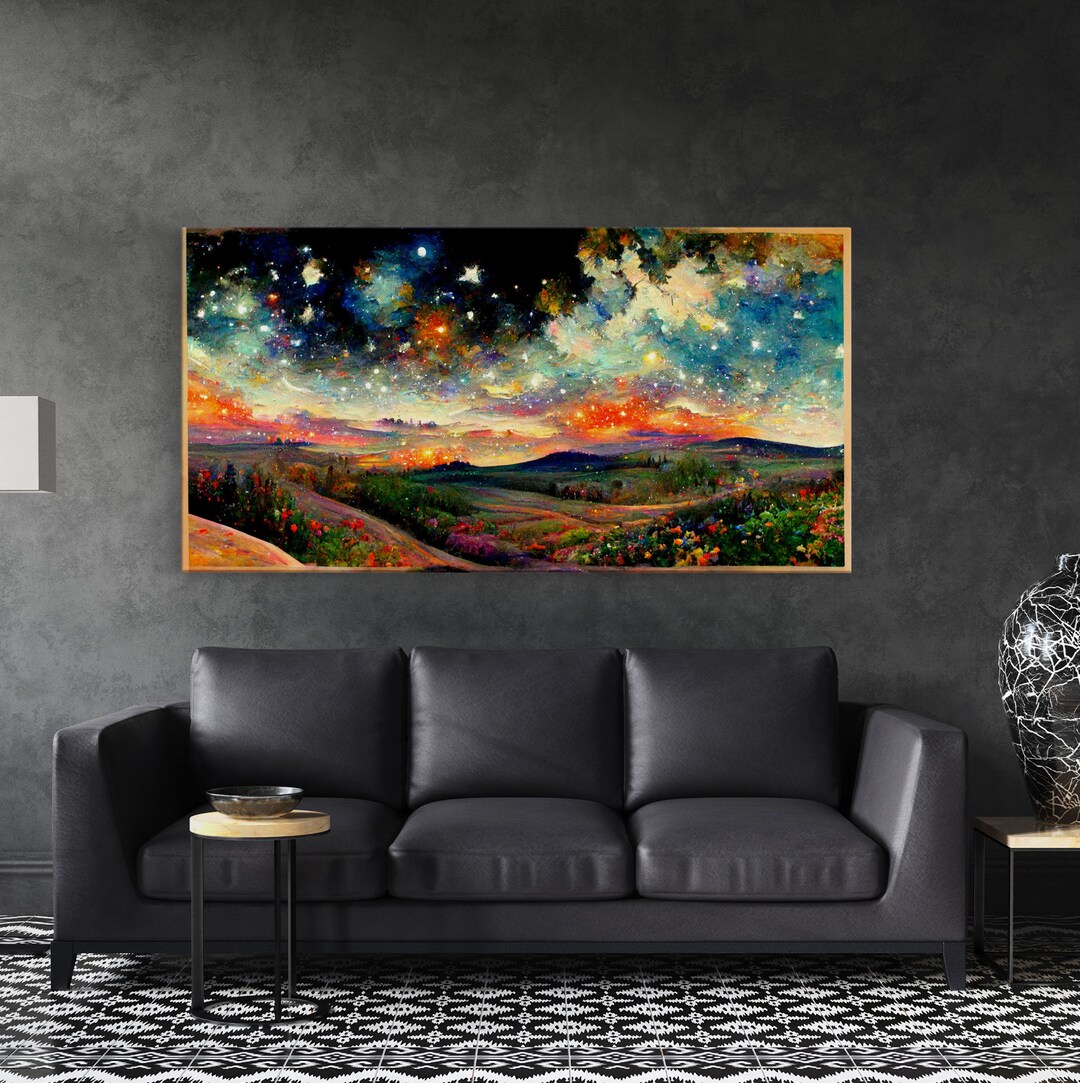 Night Starry Sky Landscape on Canvas Print Colorful Night Sky Painting ...