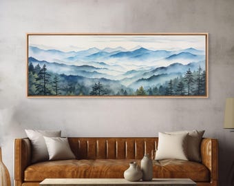 Blue Ridge Mountains National Park Panoramic Watercolor Painting Framed Canvas Print Large Wall Art