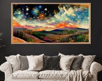 Night Starry Sky Landscape On Canvas Print Colorful Night Sky Painting Nature Painting Living Room Wall Art Spiritual Starry Painting