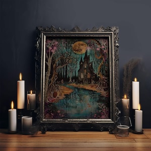 Haunted Castle by the Lake Framed Canvas Print, Halloween Wall Art, Spooky Art, Home Decor, Living Room Decor, Gothic Artwork, Creepy Castle image 1