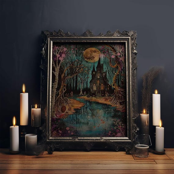 Haunted Castle by the Lake Framed Canvas Print, Halloween Wall Art, Spooky Art, Home Decor, Living Room Decor, Gothic Artwork, Creepy Castle