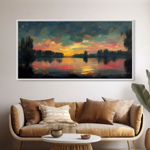 Lakehouse Canvas Print, watercolor painting of a sunset reflected on a lake