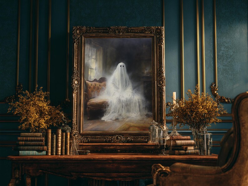 The Ghost Sits On The Sofa, Framed Canvas or Canvas Print, Gothic Victorian Halloween Painting, Cool Halloween Decor image 13