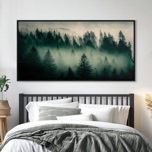 Framed Canvas Print, Pine Tree Forest, Misty Forest Landscape, Fog Covered Mountain, Nature Landscape Decor