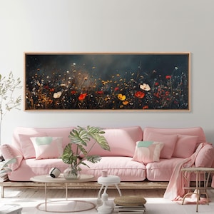 Wildflowers On A Stormy Day, Framed Canvas Print, Panoramic Wall Art, Moody Muted Decor, Above Sofa Or Couch Oversized Art