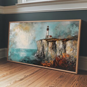 Lighthouse at Cliff, nautical wall art, coastal decor, dramatic seascape painting, panoramic painting, Framed Canvas Print, above sofa art
