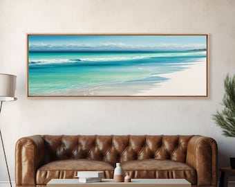 Blue Beach and Ocean Waves Panoramic Framed Canvas Print - Perfect for Living Room, Bedroom, Office Decor