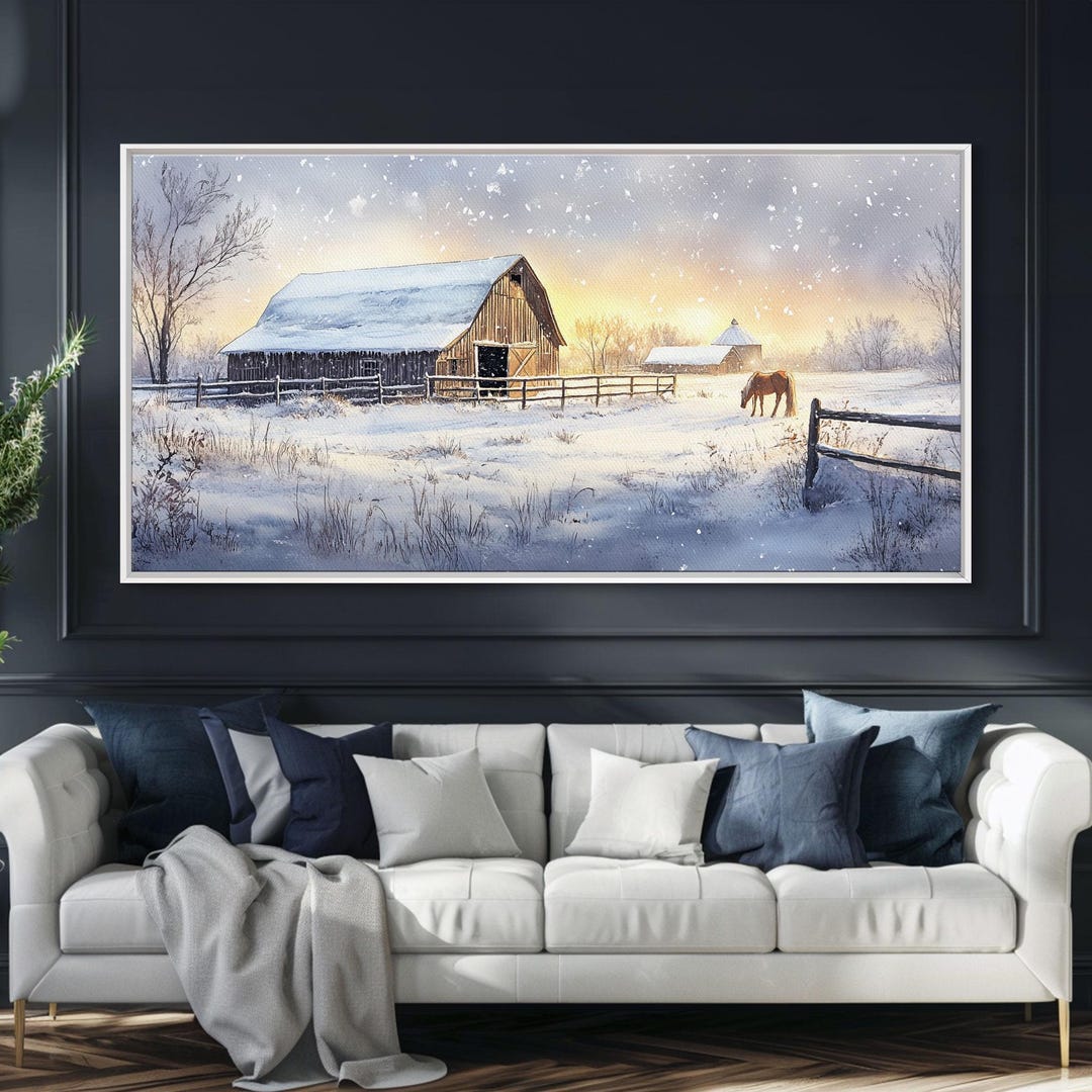 Rustic Barn in Winter Wonderland, Framed Canvas Print, Farmhouse ...
