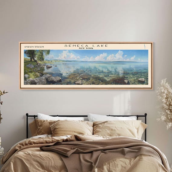 Seneca Lake New York Panoramic Framed Canvas Print, Lake House Decor, Wall Art, Travel Poster, Serene Lake Scene, Bedroom Decor
