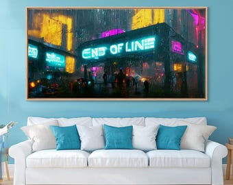 Fin de línea, arte de metro ciberpunk, ciudad ciberpunk distópica, impresión en lienzo, arte con vibras de Blade Runner, arte de pared genial, ciudad nocturna