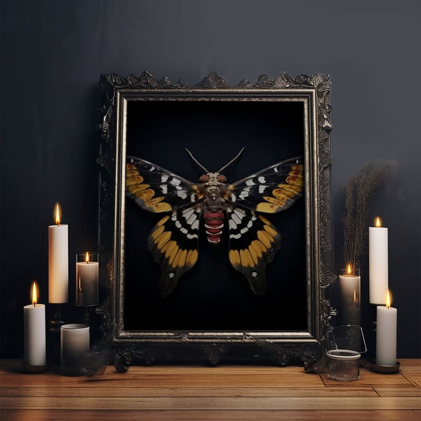 Framed Death Head Moth Canvas Print, Acherontia, Taxidermy Art, Dried Butterfly Print, Bug Wall Art Hanging Decor, Goth Art, Halloween Art