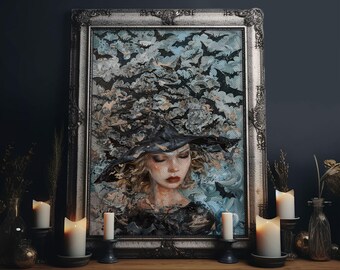 Witch in Bat Swarm - Spooky Halloween Wall Art - Creepy Home Decor - Witch and Bats Painting - Perfect Halloween Decoration