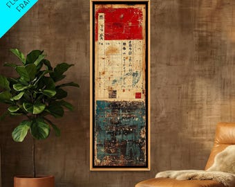 Abstract Japanese Postal Collage Canvas Print, Vintage Asian Wall Decor, Red Teal Mixed Media Art For Office Or Gallery Wall