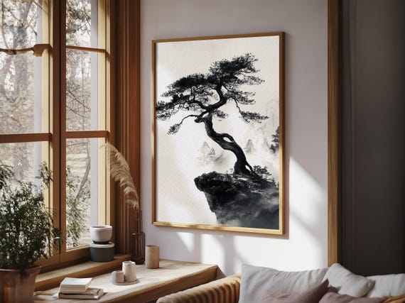 Bonzai Tree on a Cliff Wabi Sabi Painting Print, Wood Framed Wall