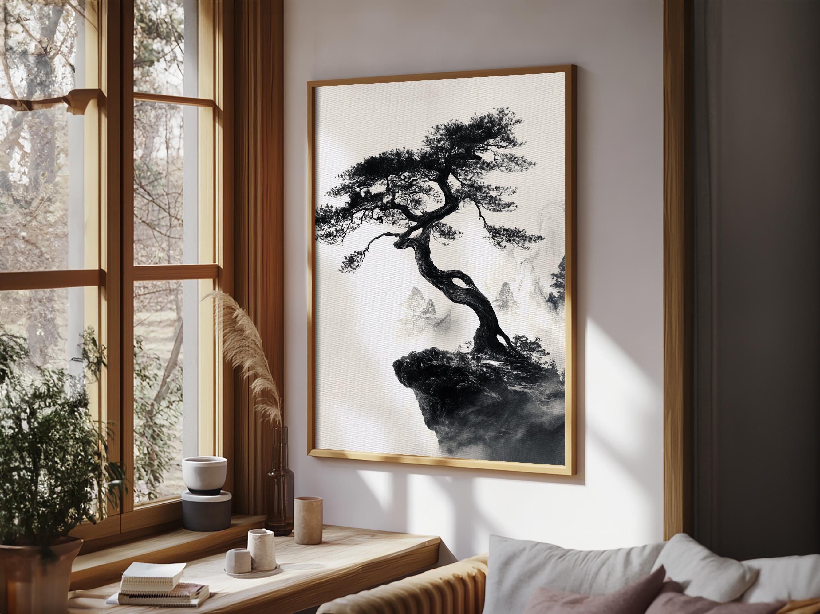 Bonzai Tree on a Cliff Wabi Sabi Painting Print, Wood Framed Wall