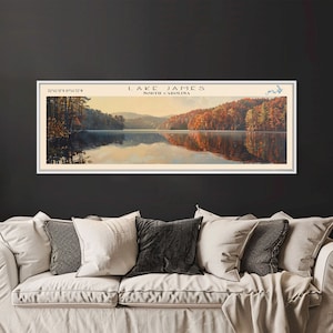 Lake James North Carolina Framed Canvas Print, Lake House Decor, Panoramic Wall Art, Travel Poster, Scenic Lake Painting, Nature Art
