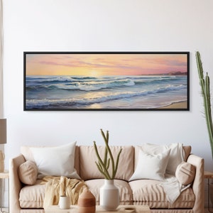 The Joy Of The Beach, Framed Canvas Print, Handmade Wall Art, Extra Large Minimalist Swimming Decor, Abstract Oil Painting, Panoramic Art