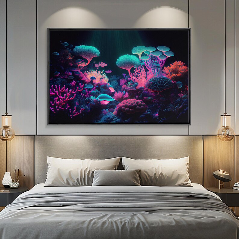 Coral Reef art, synthwave aesthetic ocean art, framed canvas art, framed wall art canvas print image 13
