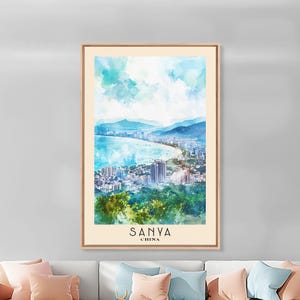 Sanya, China Watercolor Print, Vacation Gift, China Wall Art, Beach Painting, Beach Decor, Large Wall Art, Wood Frame Art