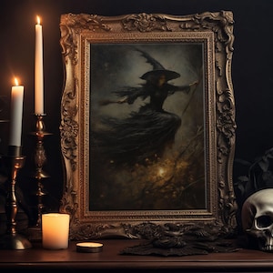 Spooky Season Witch Decor, Witch Painting Framed Canvas Print, Halloween Art, Witch Art, Witchcraft, Witch Decor, Felt Witch Hat