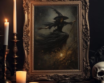 Spooky Season Witch Decor, Witch Painting Framed Canvas Print, Halloween Art, Witch Art, Witchcraft, Witch Decor, Felt Witch Hat