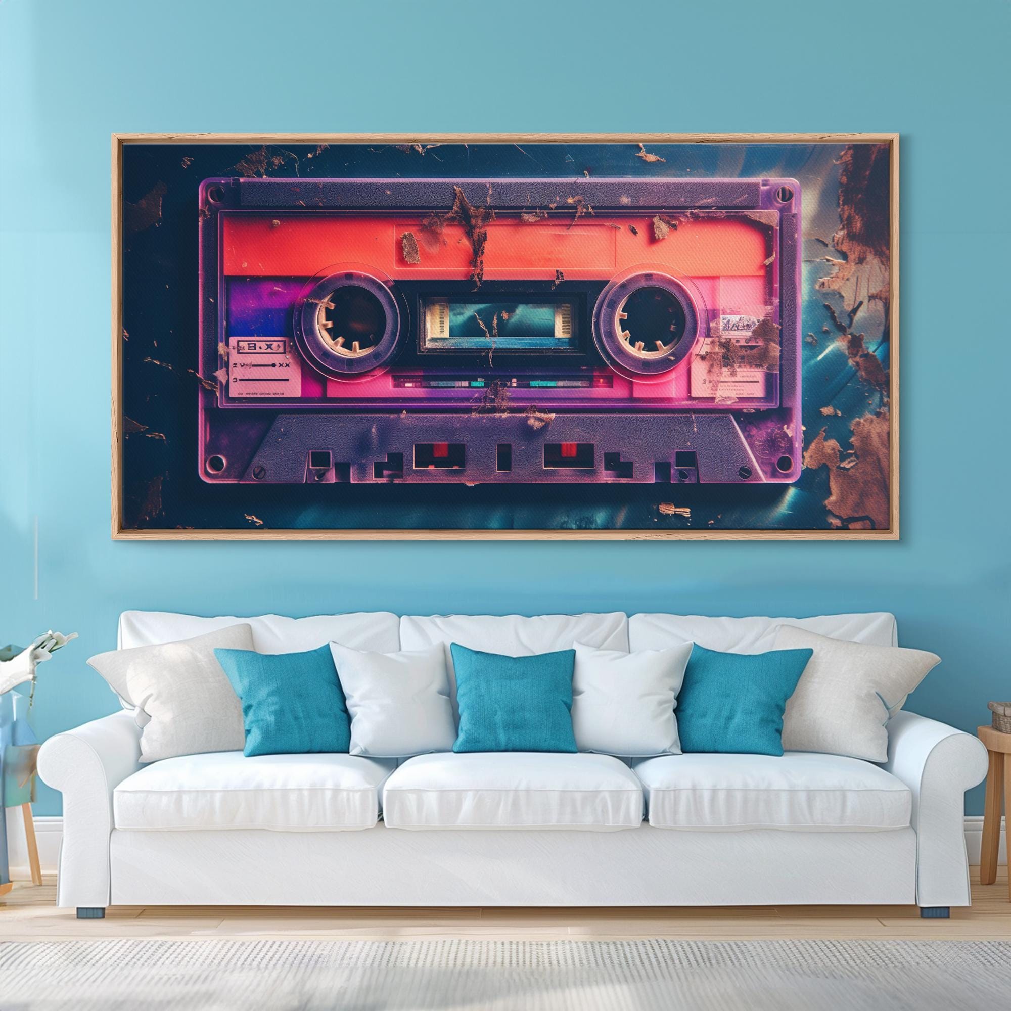 Vaporwave Cassette Tape Wall Art, Framed Canvas Print, 1980s