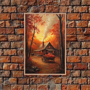 Autumn Cabin with Pumpkins Framed Canvas Print, Warm Fall Countryside Scene with Golden Leaves, Cozy Rustic Farmhouse Wall Art Decor
