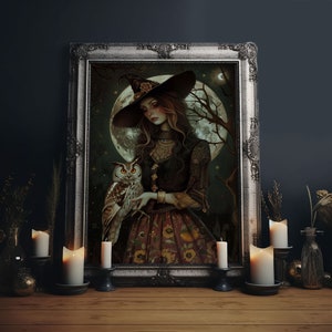 Witch Holding Owl Canvas Print - Halloween Art, Spooky Home Decor, Wall Art, Witch Painting, Halloween Decor, Framed Canvas Print