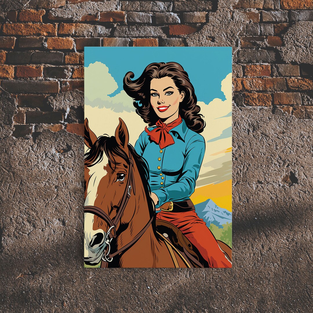 Comic Book Style Rustic Horse Rider Cowgirl Oil Painting Canvas Print ...