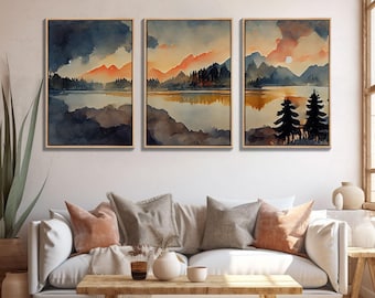 Watercolor Forest Fire Canvas Wall Decor Set - Ready To Hang - Orange Sunset Landscape Art